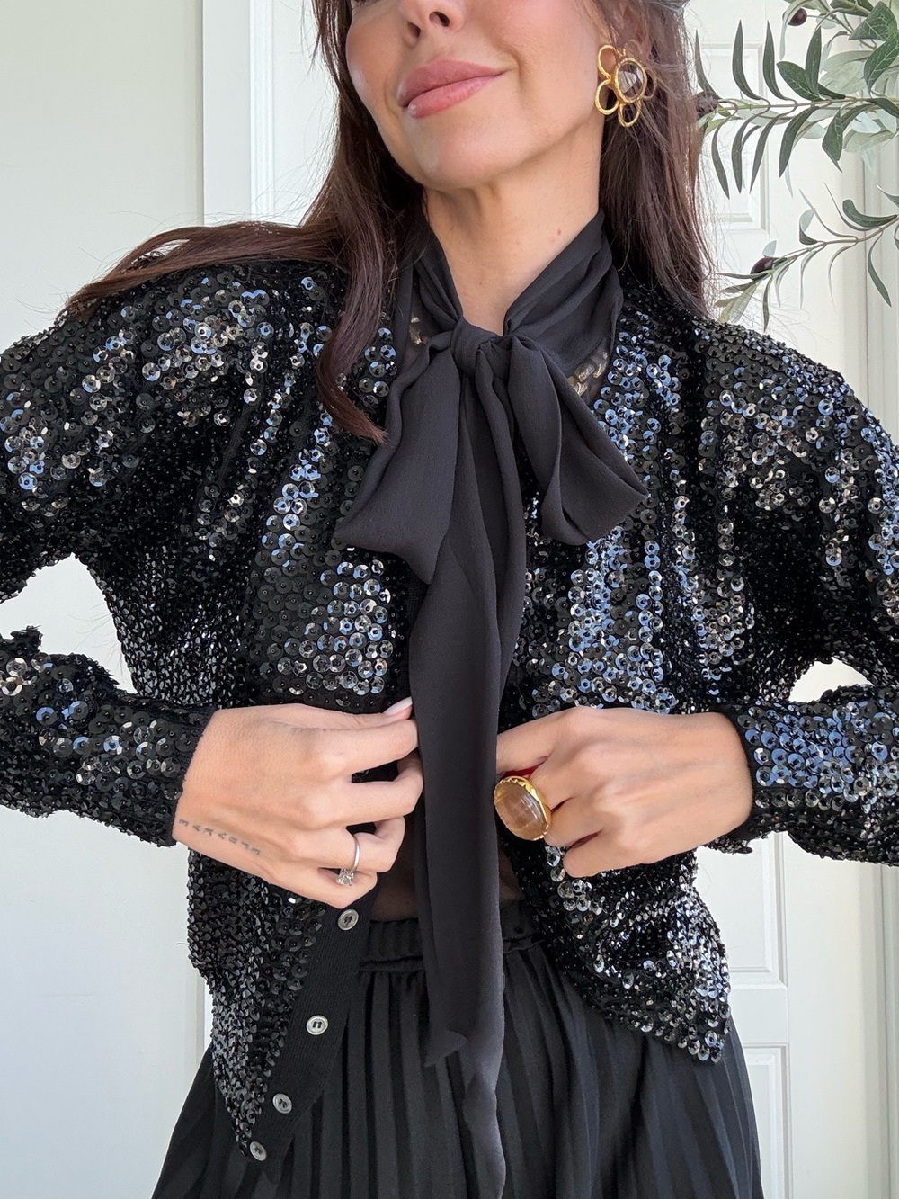 Vintage 80s Norma Kamali Black Sequin Disco Jacket Cardigan
